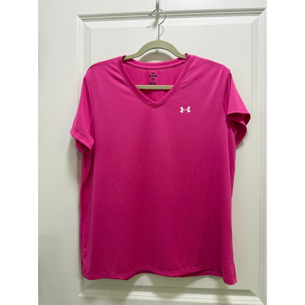 Under Armour Womens XL Pink HeatGear V-Neck Short Sleeve Athletic T-Shirt Loose